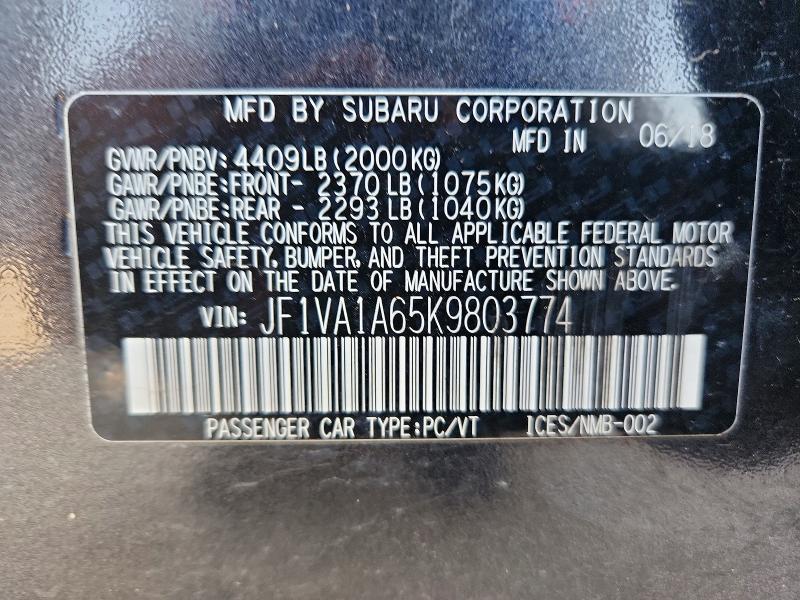 57185276 :رقم المزاد ، JF1VA1A65K9803774 vin ، 2019 Subaru Wrx مزاد بيع