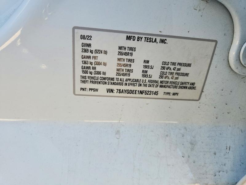 60623456 :رقم المزاد ، 7SAYGDEE1NF523145 vin ، 2022 Tesla Model Y مزاد بيع