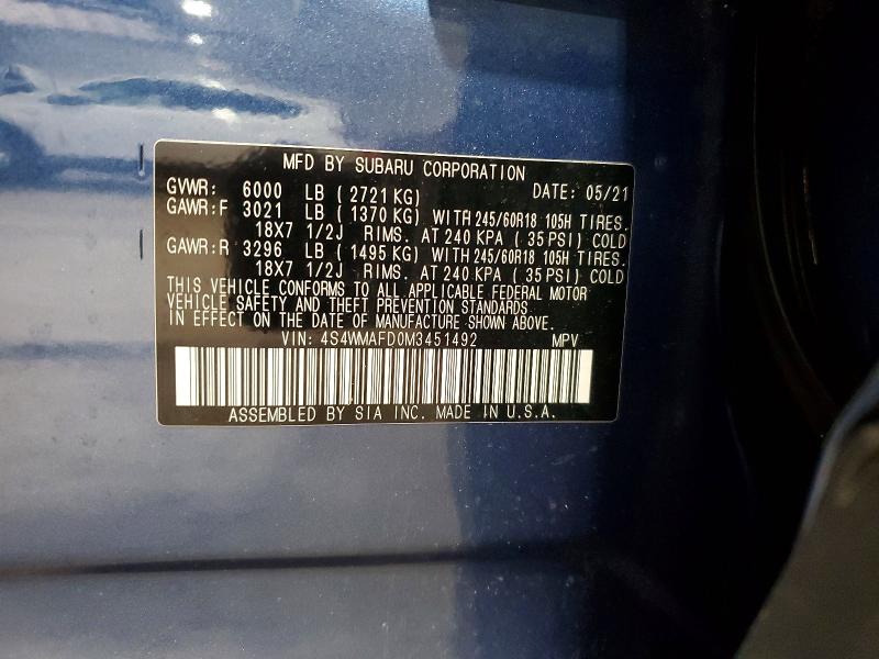 Aukcja sprzedaży 2021 Subaru Ascent, vin: 4S4WMAFD0M3451492, numer aukcji: 60033096