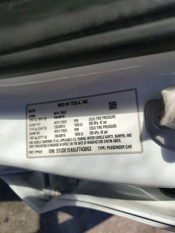 2020 Tesla Model 3 მანქანა იყიდება აუქციონზე, vin: 5YJ3E1EA5LF743863, აუქციონის ნომერი: 60892536