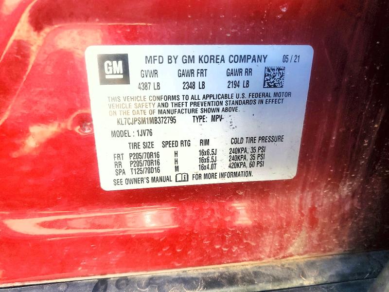 60679246 :رقم المزاد ، KL7CJPSM1MB372795 vin ، 2021 Chevrolet Trax مزاد بيع