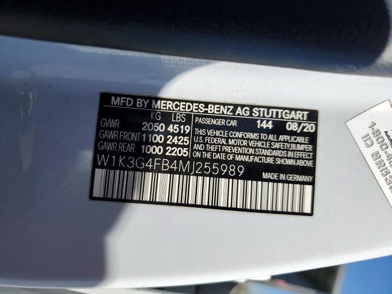 59743706 :رقم المزاد ، W1K3G4FB4MJ255989 vin ، 2021 Mercedes-benz A مزاد بيع