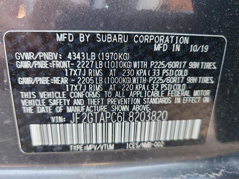 Продаж на аукціоні авто 2020 Subaru Crosstrek, vin: JF2GTAPC6L8203820, номер лоту: 62423156