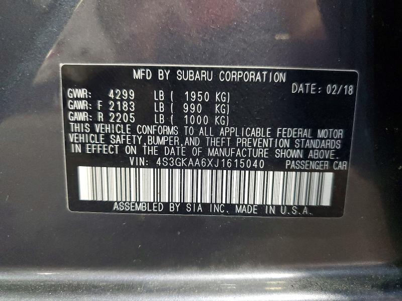 59244996 :رقم المزاد ، 4S3GKAA6XJ1615040 vin ، 2018 Subaru Impreza مزاد بيع