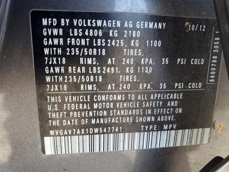 Продажа на аукционе авто 2013 Volkswagen Tiguan, vin: WVGAV7AX1DW547741, номер лота: 61067466