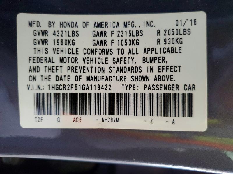 2016 Honda Accord მანქანა იყიდება აუქციონზე, vin: 1HGCR2F51GA118422, აუქციონის ნომერი: 59739276