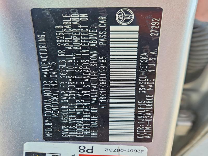 2015 Toyota Camry მანქანა იყიდება აუქციონზე, vin: 4T1BK1FK8FU029485, აუქციონის ნომერი: 61225716
