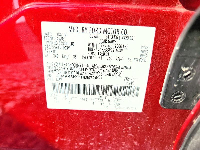 62721436 :رقم المزاد ، 2FMPK3K91HBB72498 vin ، 2017 Ford Edge مزاد بيع