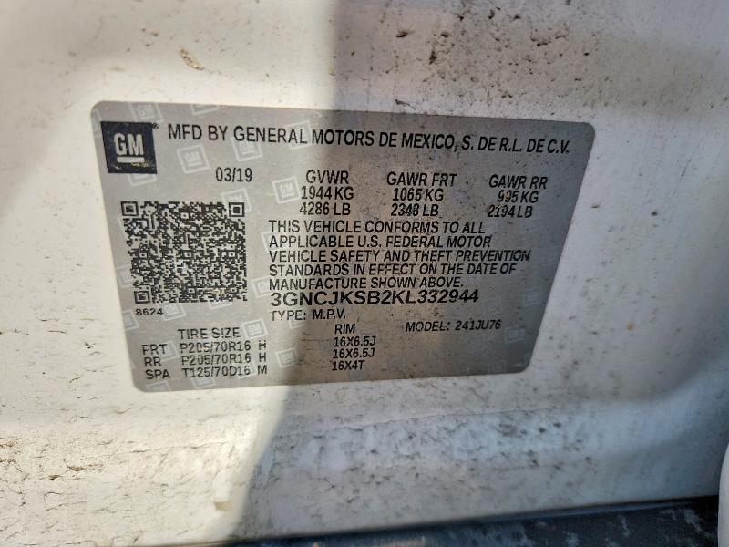Aukcja sprzedaży 2019 Chevrolet Trax, vin: 3GNCJKSB2KL332944, numer aukcji: 62542386