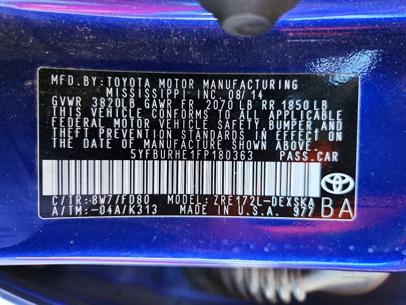 2015 Toyota Corolla მანქანა იყიდება აუქციონზე, vin: 5YFBURHE1FP180363, აუქციონის ნომერი: 60959826
