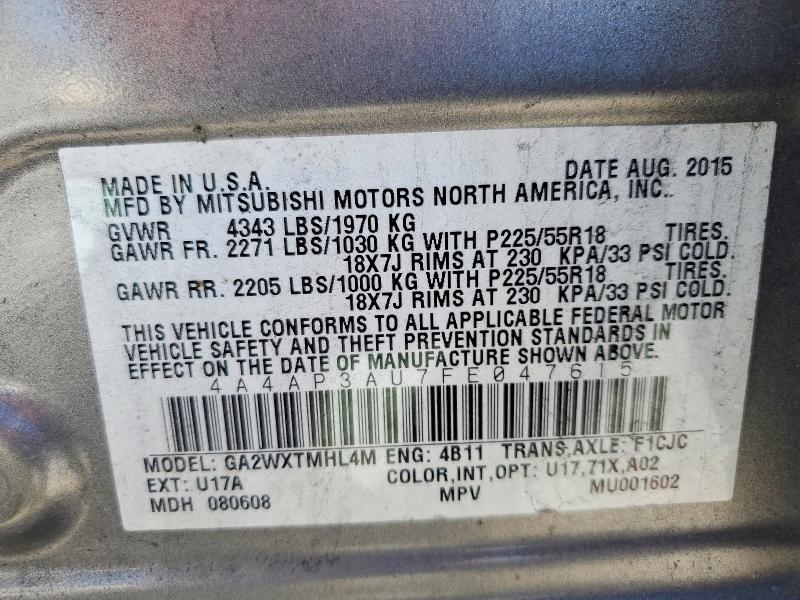 2015 Mitsubishi Outlander Sport მანქანა იყიდება აუქციონზე, vin: 4A4AP3AU7FE047615, აუქციონის ნომერი: 60115576