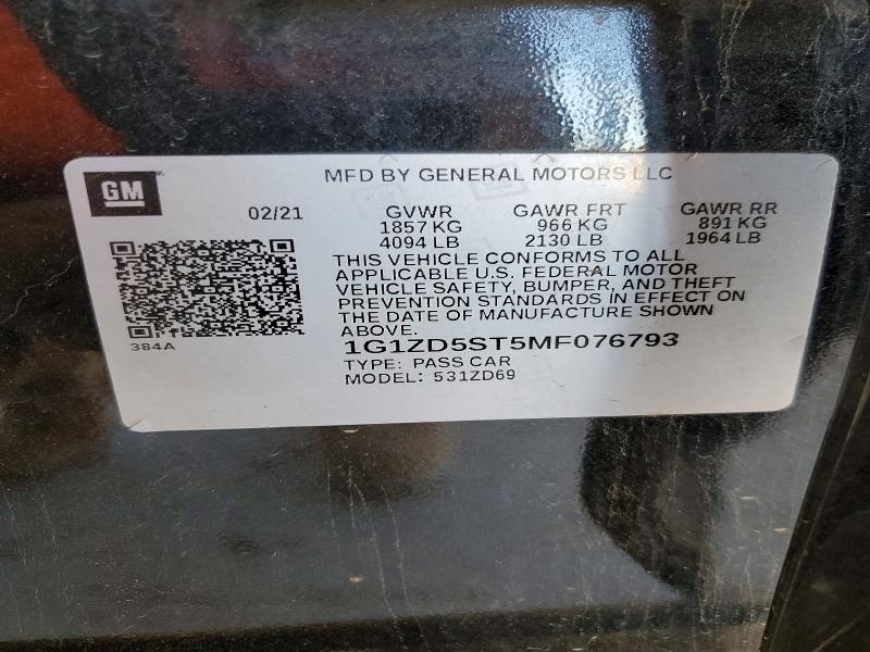 62849936 :رقم المزاد ، 1G1ZD5ST5MF076793 vin ، 2021 Chevrolet Malibu مزاد بيع
