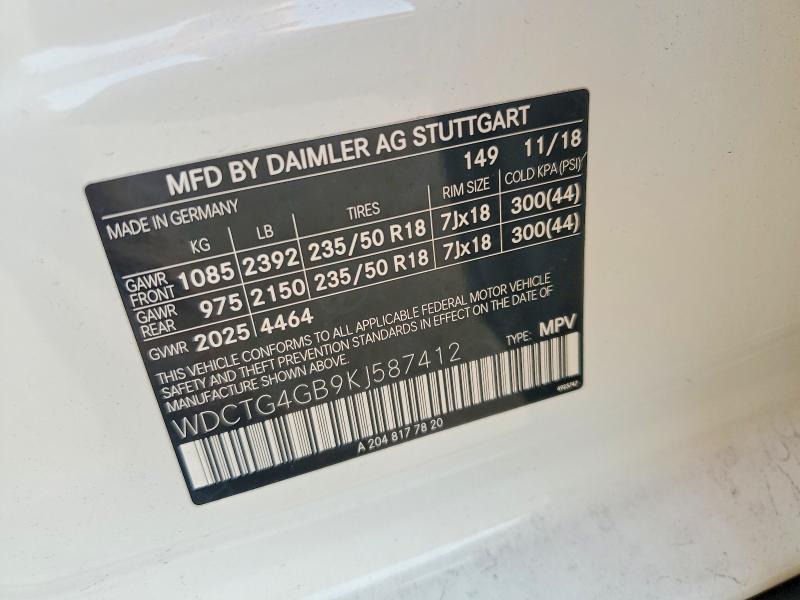 2019 Mercedes-benz Gla მანქანა იყიდება აუქციონზე, vin: WDCTG4GB9KJ587412, აუქციონის ნომერი: 62586886