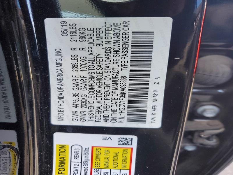 Продаж на аукціоні авто 2019 Honda Accord, vin: 1HGCV1F35KA095868, номер лоту: 60291326