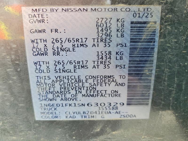 62764966 :رقم المزاد ، 1N6ED1FK1SN630329 vin ، 2025 Nissan Frontier مزاد بيع