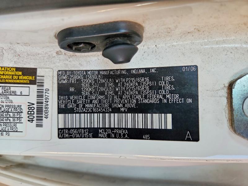 2006 Toyota Sienna მანქანა იყიდება აუქციონზე, vin: 5TDZA23C16S454334, აუქციონის ნომერი: 60505006