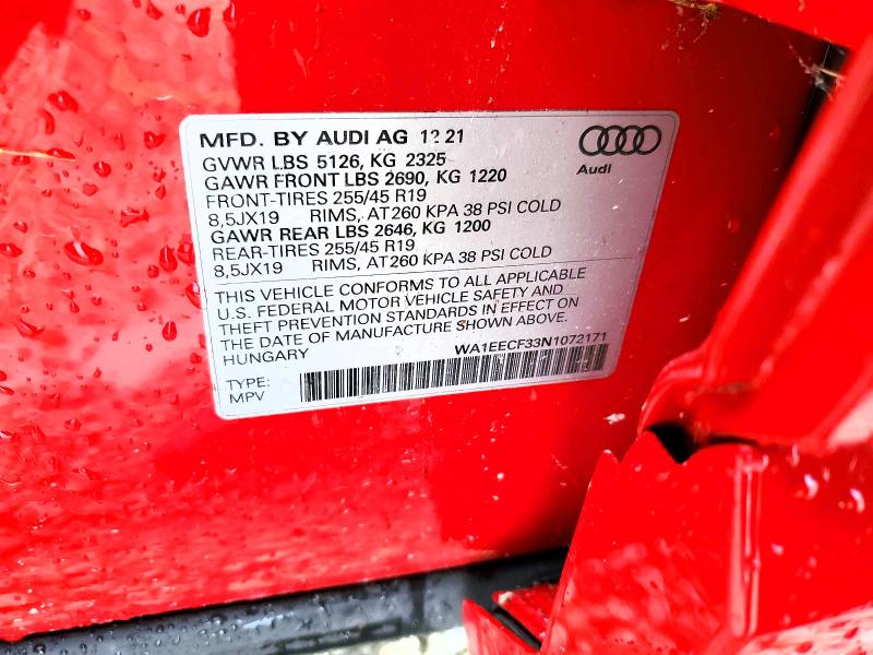 Aukcja sprzedaży 2022 Audi Q3, vin: WA1EECF33N1072171, numer aukcji: 61221856