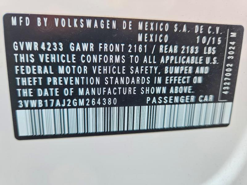 59657086 :رقم المزاد ، 3VWB17AJ2GM264380 vin ، 2016 Volkswagen Jetta مزاد بيع