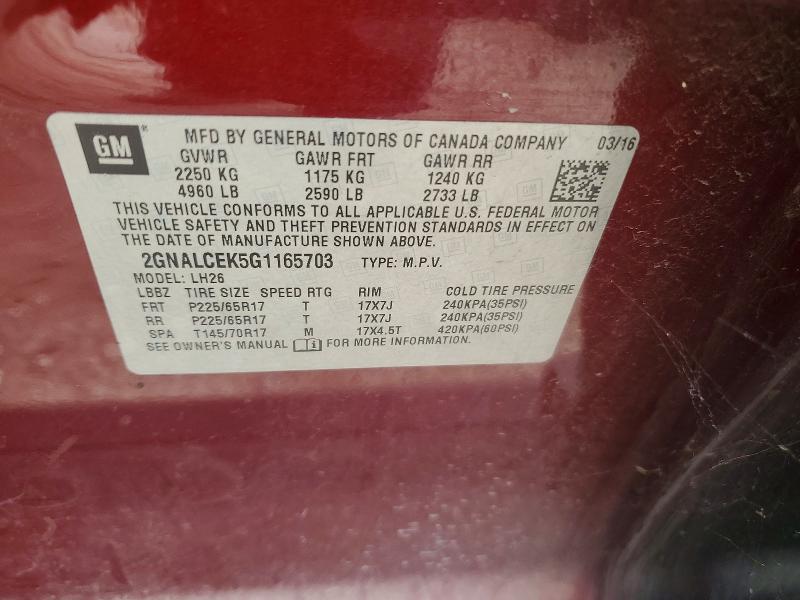 62974866 :رقم المزاد ، 2GNALCEK5G1165703 vin ، 2016 Chevrolet Equinox مزاد بيع