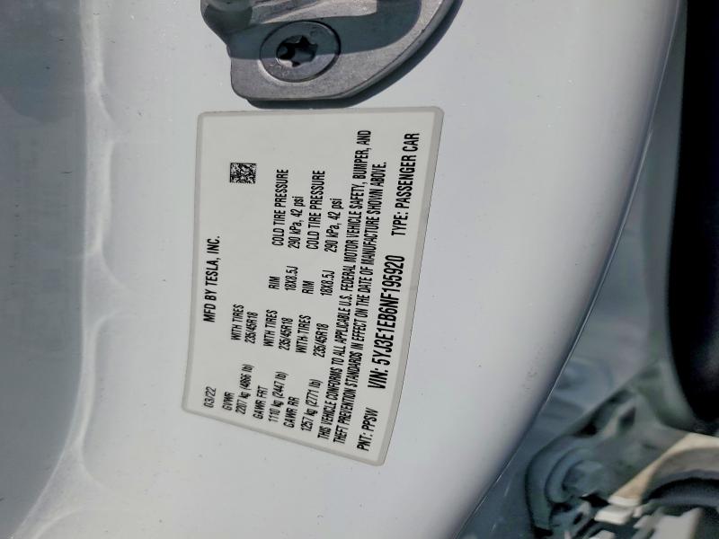 Aukcja sprzedaży 2022 Tesla Model 3, vin: 5YJ3E1EB6NF195920, numer aukcji: 62012376