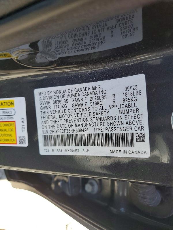 2024 Honda Civic მანქანა იყიდება აუქციონზე, vin: 2HGFE2F25RH508426, აუქციონის ნომერი: 59393006
