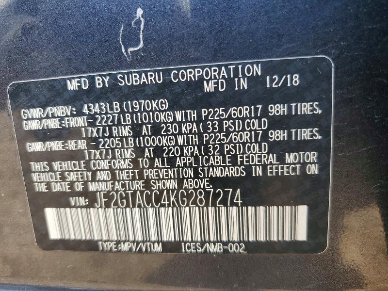 Продажа на аукционе авто 2019 Subaru Crosstrek, vin: JF2GTACC4KG287274, номер лота: 59258626
