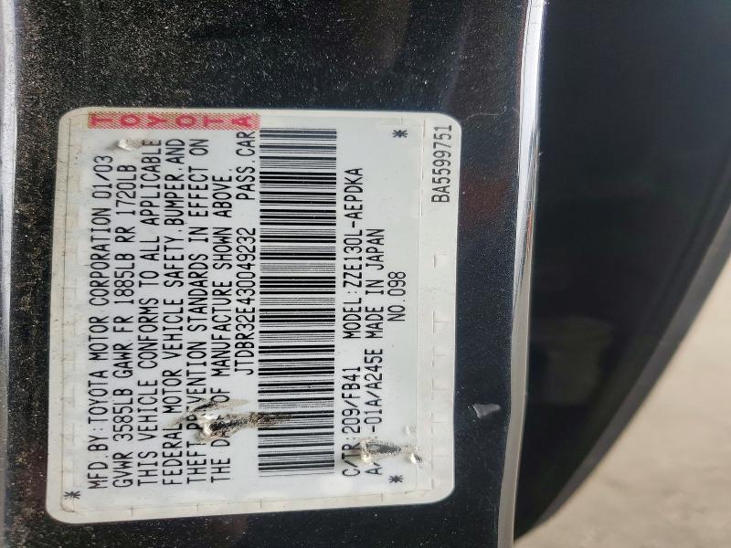 Aukcja sprzedaży 2003 Toyota Corolla, vin: JTDBR32E430049232, numer aukcji: 95586895