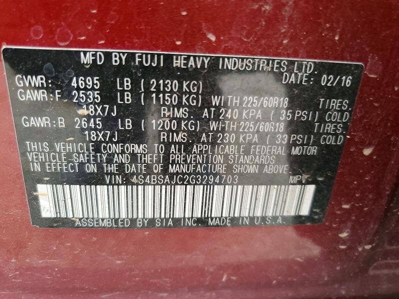 Aukcja sprzedaży 2016 Subaru Outback, vin: 4S4BSAJC2G3294703, numer aukcji: 60450496