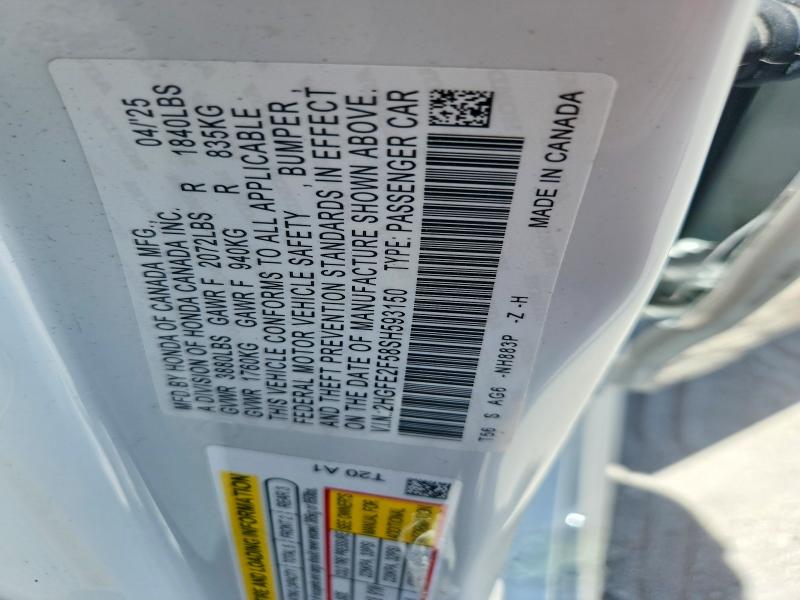 60869186 :رقم المزاد ، 2HGFE2F58SH593150 vin ، 2025 Honda Civic مزاد بيع