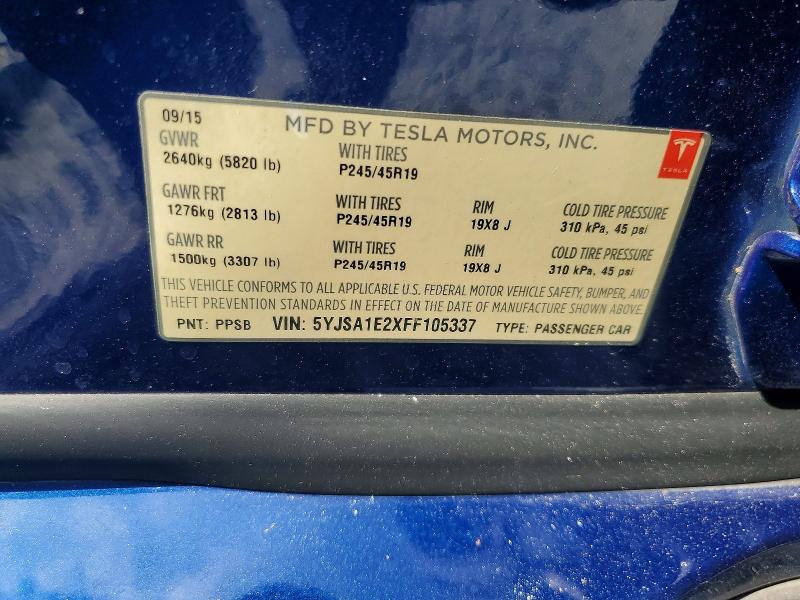 62500746 :رقم المزاد ، 5YJSA1E2XFF105337 vin ، 2015 Tesla Model S مزاد بيع