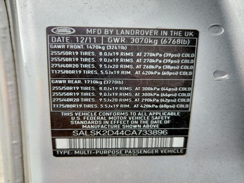 62654986 :رقم المزاد ، SALSK2D44CA733896 vin ، 2012 Land Rover Range Rover Sport مزاد بيع