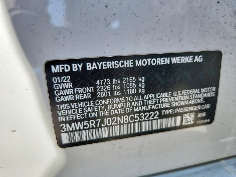 Aukcja sprzedaży 2022 Bmw 330xi, vin: 3MW5R7J02N8C53222, numer aukcji: 61962256