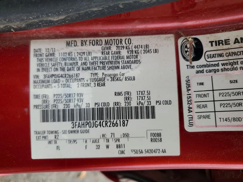 2012 Ford Fusion მანქანა იყიდება აუქციონზე, vin: 3FAHP0JG4CR266187, აუქციონის ნომერი: 60872556