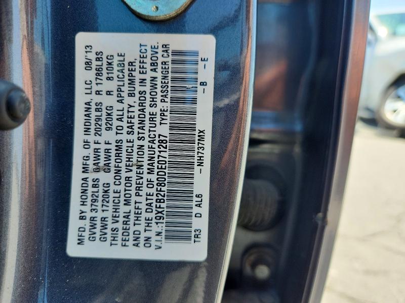 Продаж на аукціоні авто 2013 Honda Civic, vin: 19XFB2F80DE071287, номер лоту: 62037586