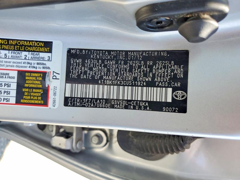 61138676 :رقم المزاد ، 4T1BK1FK3CU511924 vin ، 2012 Toyota Camry مزاد بيع