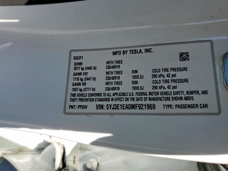 Продаж на аукціоні авто 2021 Tesla Model 3, vin: 5YJ3E1EA0MF921969, номер лоту: 63011336