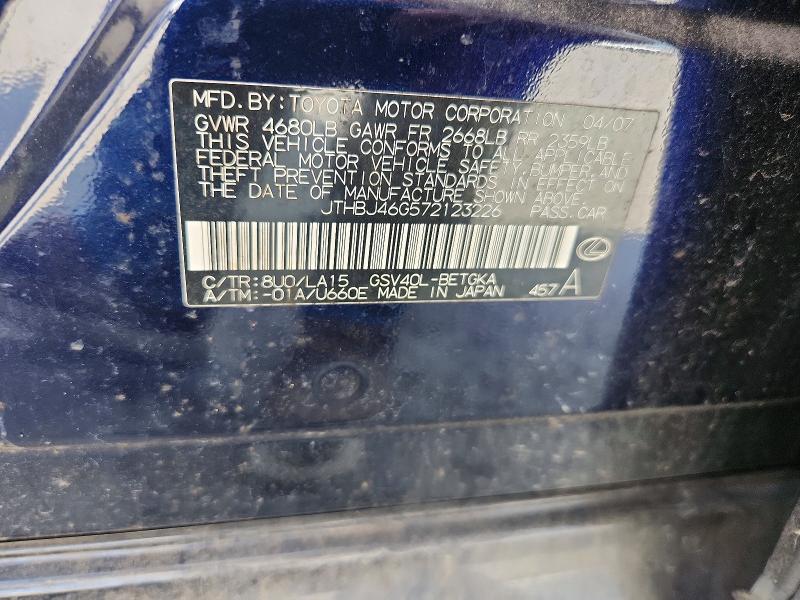 2007 Lexus Es მანქანა იყიდება აუქციონზე, vin: JTHBJ46G572123226, აუქციონის ნომერი: 60179536