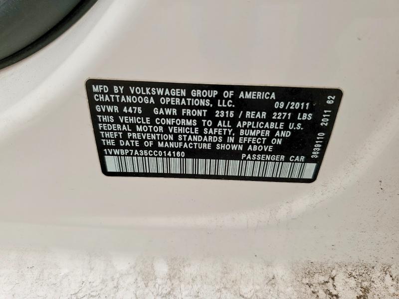 Aukcja sprzedaży 2012 Volkswagen Passat, vin: 1VWBP7A35CC014160, numer aukcji: 59643266