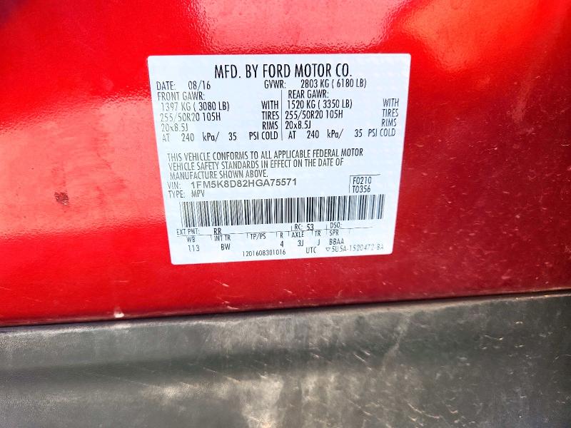 Auction sale of the 2017 Ford Explorer, vin: 1FM5K8D82HGA75571, lot number: 61740136