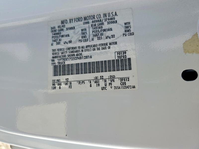 2002 Ford F150 მანქანა იყიდება აუქციონზე, vin: 1FTRX17252NB12816, აუქციონის ნომერი: 63038036