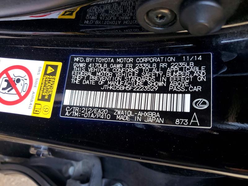 60142116 :رقم المزاد ، JTHKD5BH5F2223529 vin ، 2015 Lexus Ct مزاد بيع