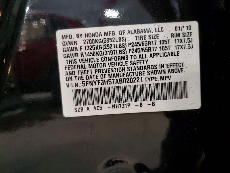 Aukcja sprzedaży 2010 Honda Pilot, vin: 5FNYF3H57AB020221, numer aukcji: 95588775