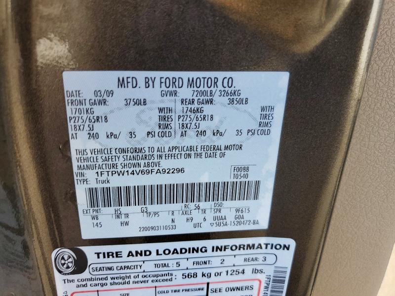 2009 Ford F150 მანქანა იყიდება აუქციონზე, vin: 1FTPW14V69FA92296, აუქციონის ნომერი: 61433806