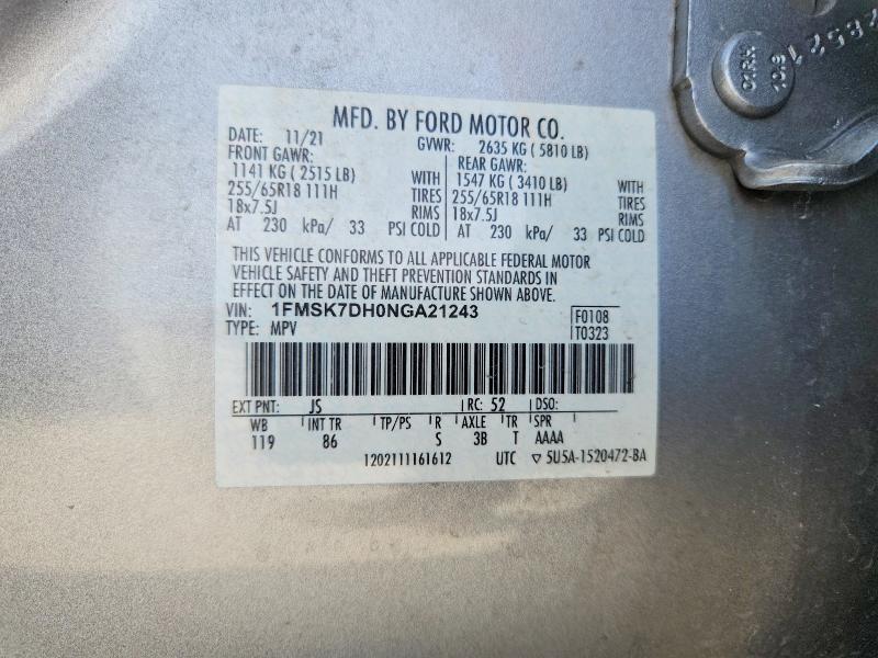 Aukcja sprzedaży 2022 Ford Explorer, vin: 1FMSK7DH0NGA21243, numer aukcji: 60879196