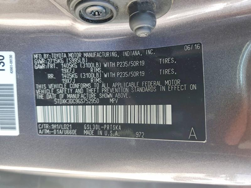 63173756 :رقم المزاد ، 5TDXK3DC9GS752950 vin ، 2016 Toyota Sienna مزاد بيع