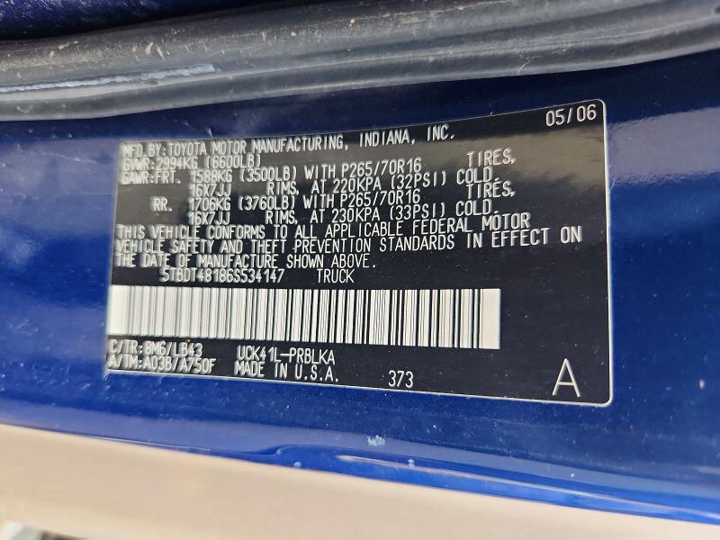 2006 Toyota Tundra მანქანა იყიდება აუქციონზე, vin: 5TBDT48186S534147, აუქციონის ნომერი: 61445636