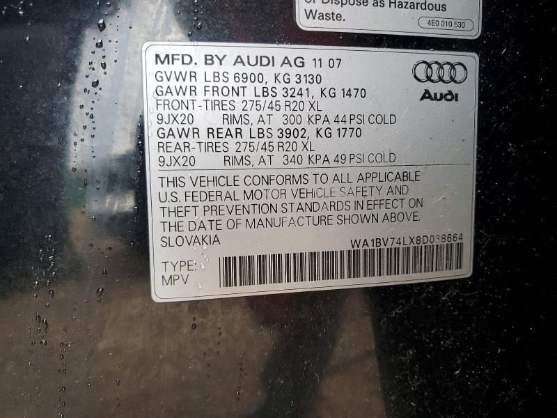 63231296 :رقم المزاد ، WA1BV74LX8D038664 vin ، 2008 Audi Q7 مزاد بيع
