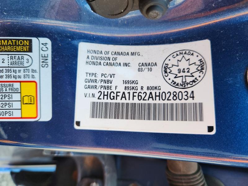 Aukcja sprzedaży 2010 Honda Civic, vin: 2HGFA1F62AH028034, numer aukcji: 62093466