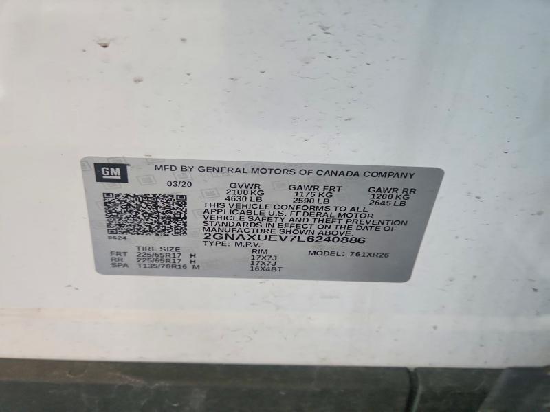 2020 Chevrolet Equinox მანქანა იყიდება აუქციონზე, vin: 2GNAXUEV7L6240886, აუქციონის ნომერი: 85606525