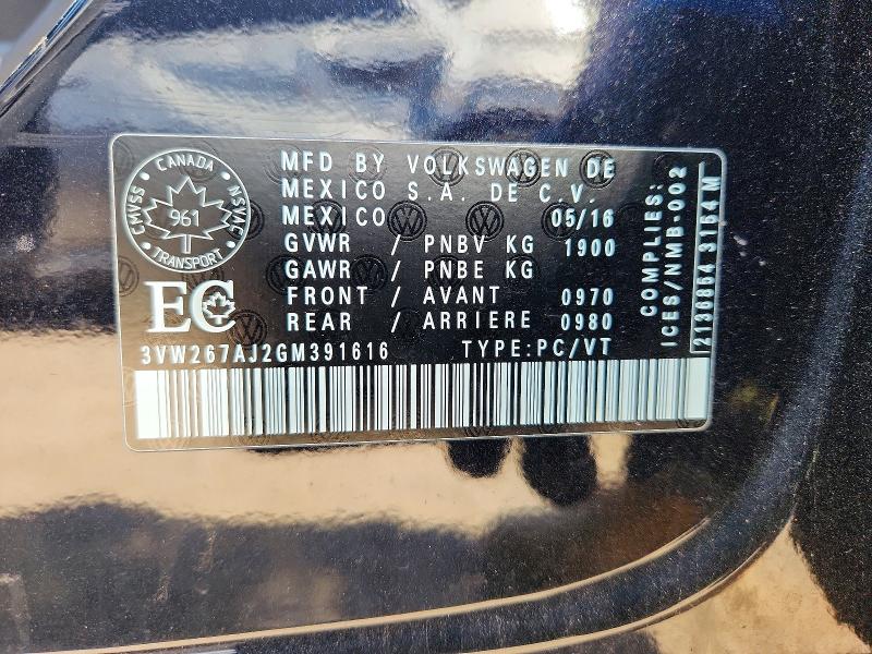 62148176 :رقم المزاد ، 3VW267AJ2GM391616 vin ، 2016 Volkswagen Jetta مزاد بيع